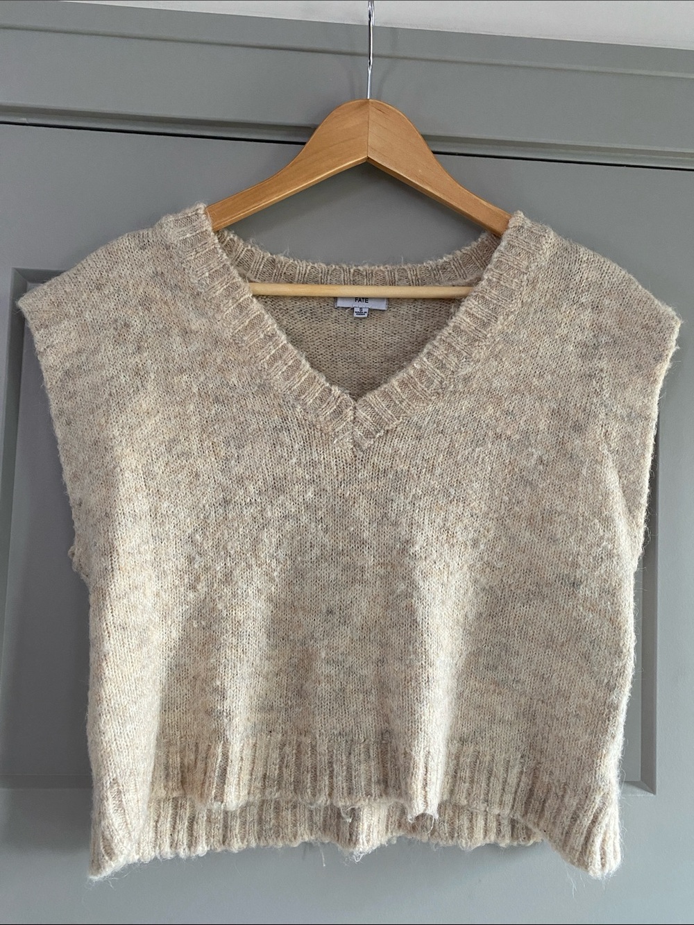 FATE Wool Blend V-Neck Cream Knit Sweater Vest